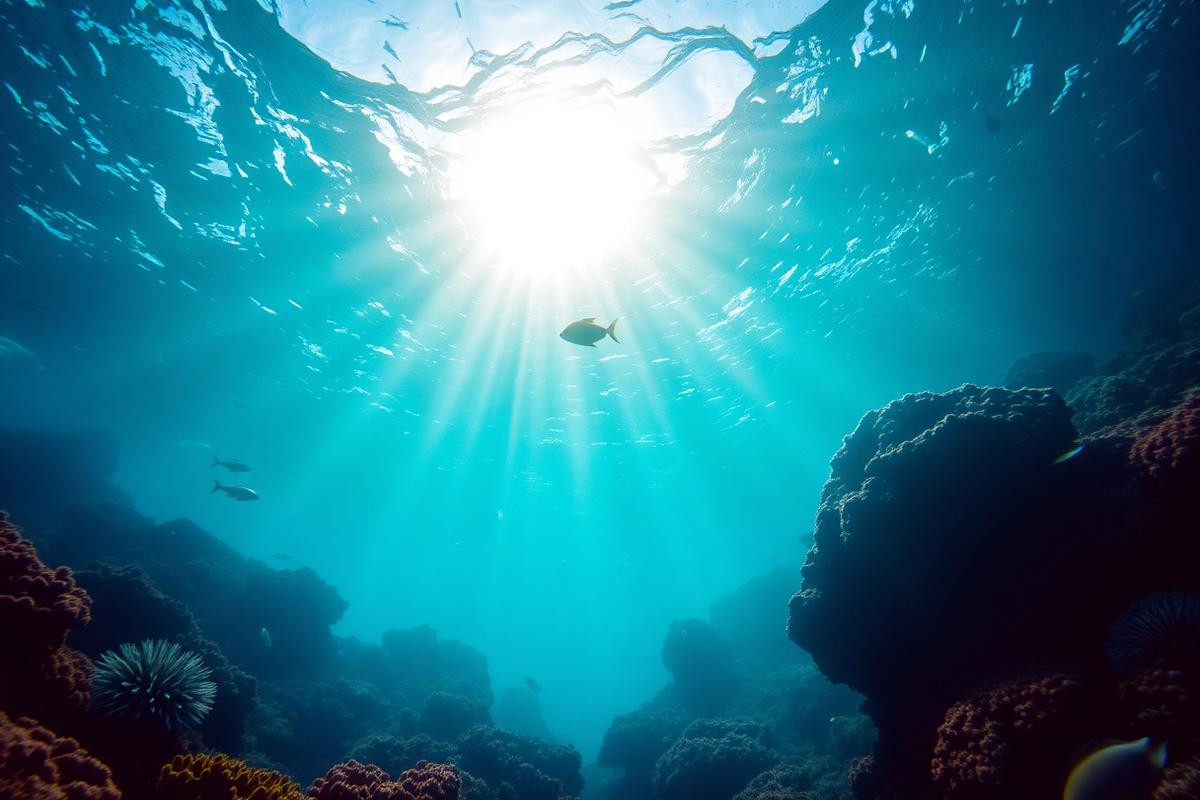 Underwater coral reef teeming with vibrant colors and soft sunlight rays from above
