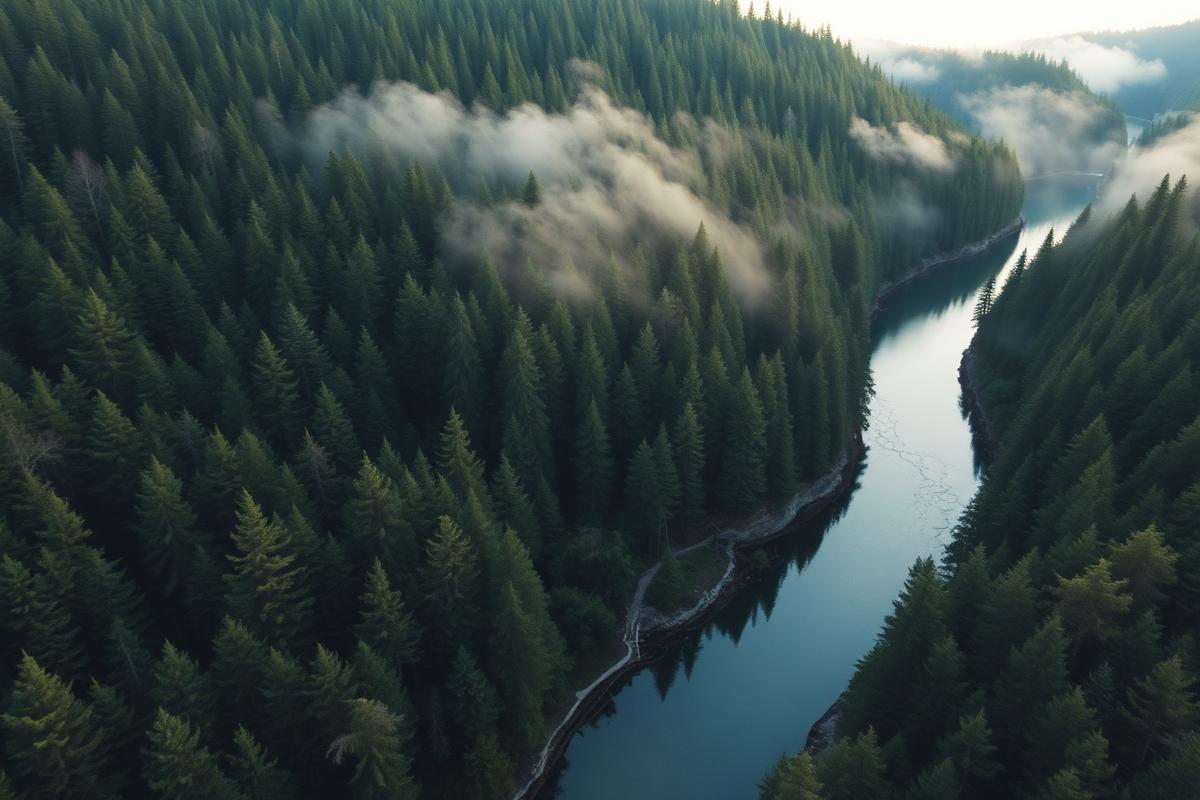 Aerial drone view of a winding river through dense pristine forest at dawn with mist hovering over treetops