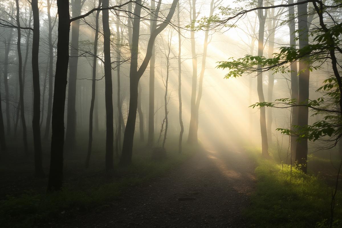 A winding forest path disappearing into morning mist with soft sunbeams through the trees