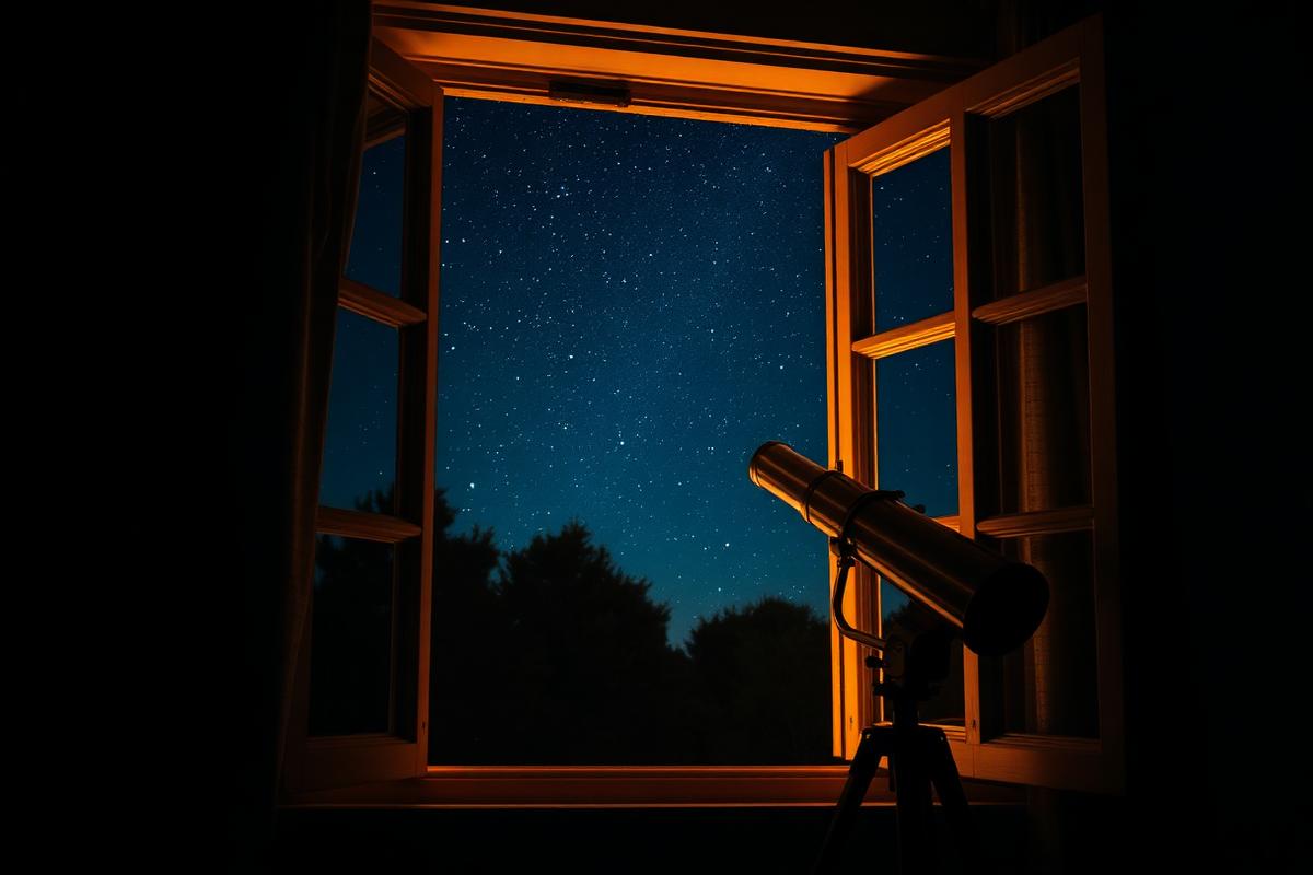 An open window at night with curtains gently fluttering and a vintage telescope pointed at the starry sky outside