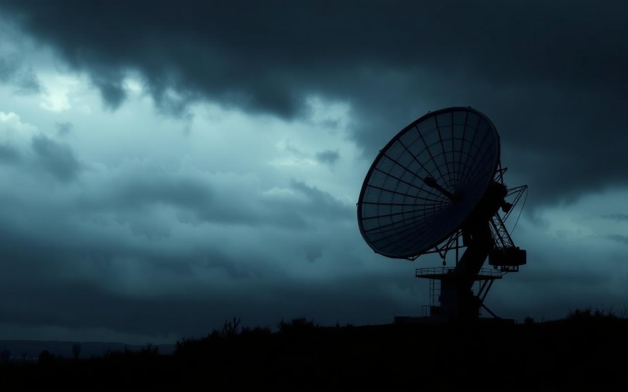 A radar interface glowing with green tracking lines against a dark control room background