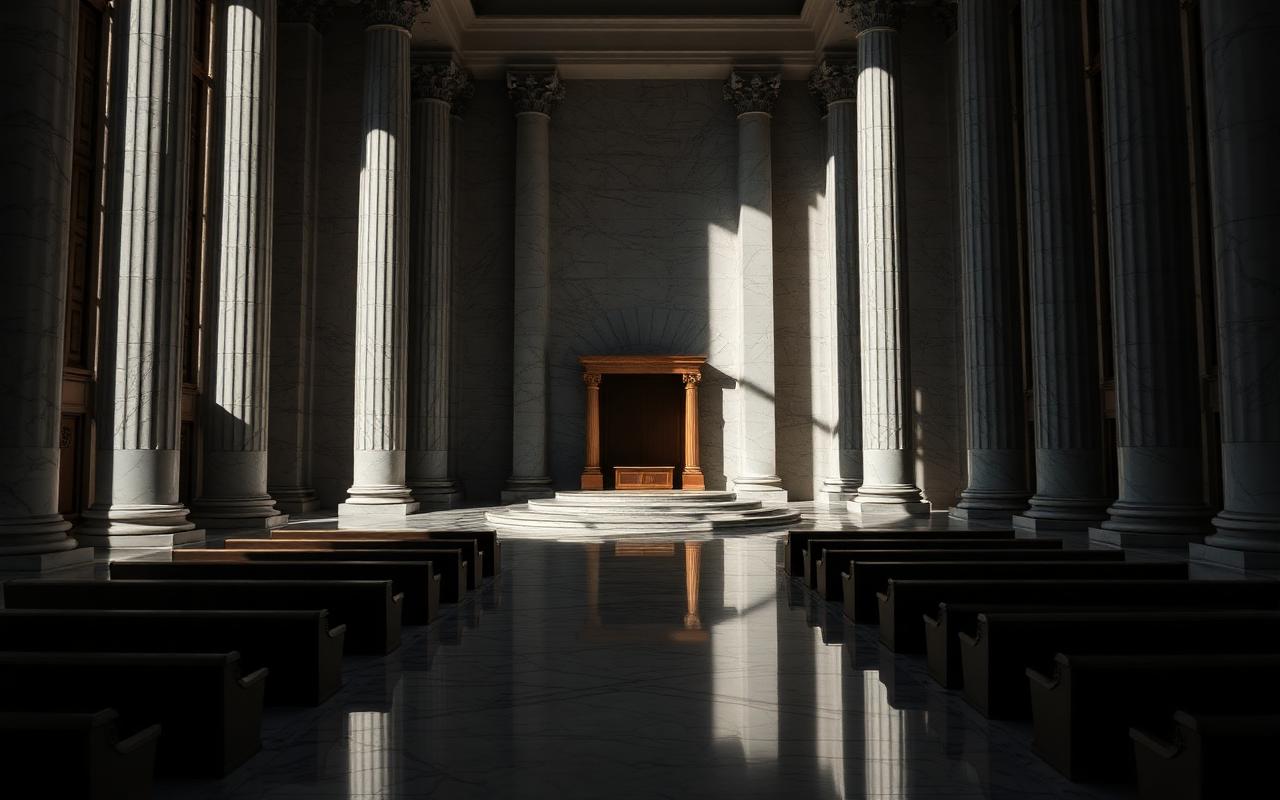 A cold empty courtroom bench with a single shaft of light falling across it