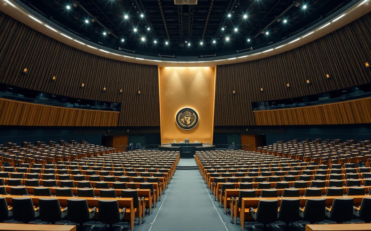 An empty UN-style assembly hall with rows of identical seats under cool overhead lighting