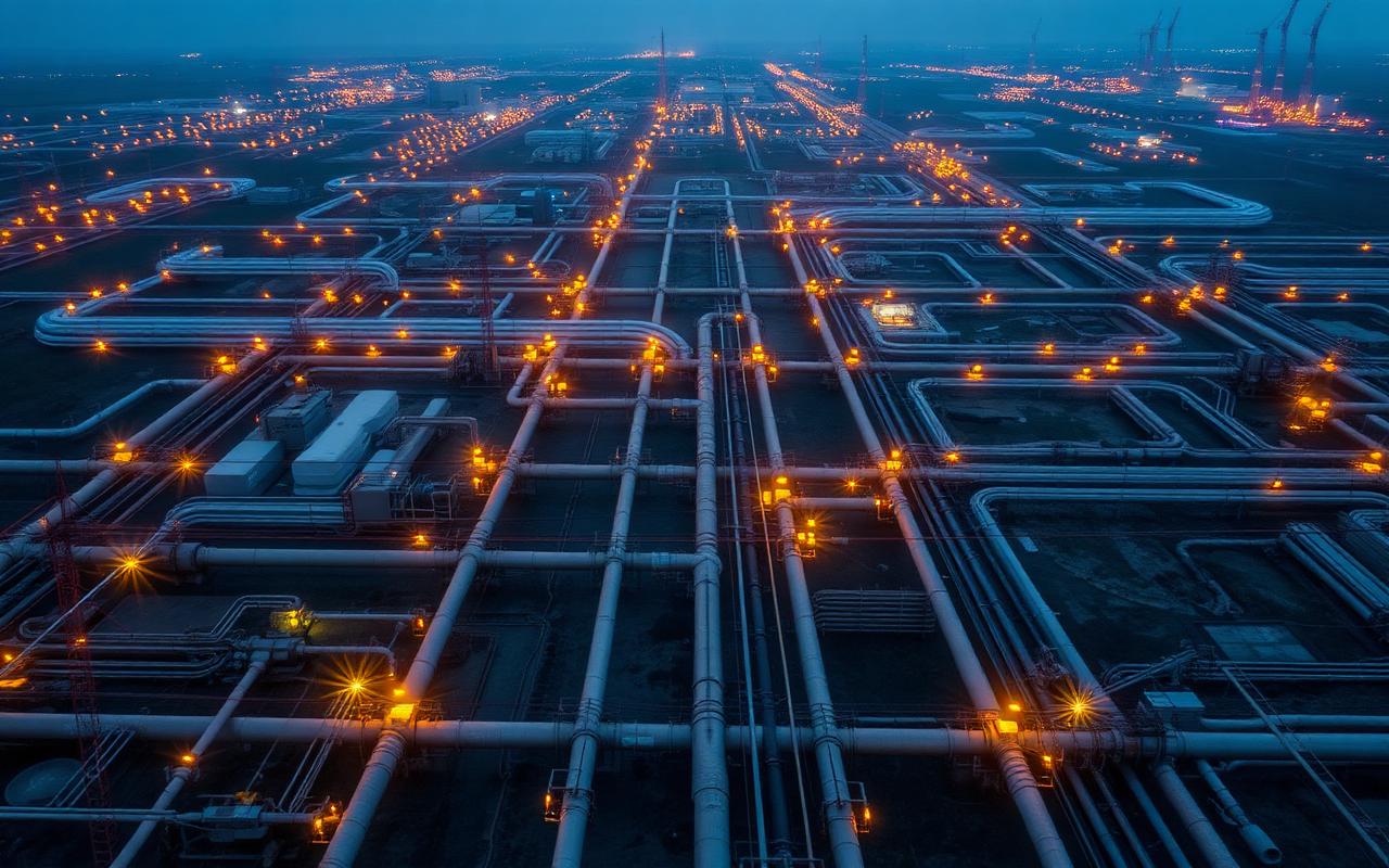 Aerial view of a vast pipeline network glowing under low blue light at dusk