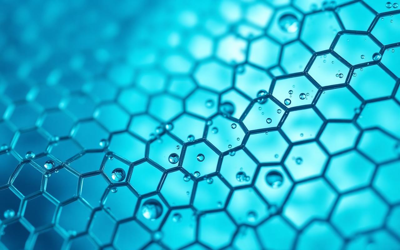 Macro view of a honeycomb nanomembrane lattice with tiny water droplets passing through, glowing teal