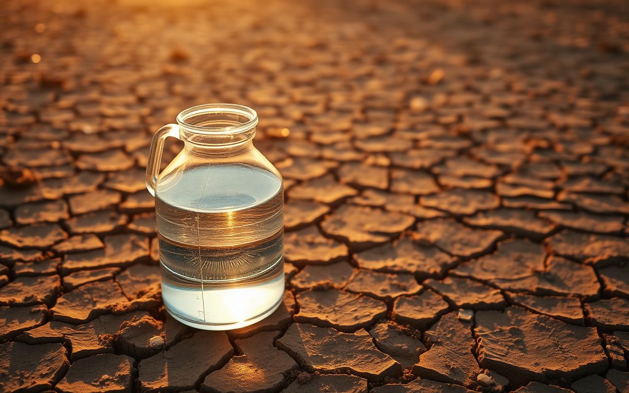 A simple glass jug of clear water sitting on cracked dry earth at golden hour